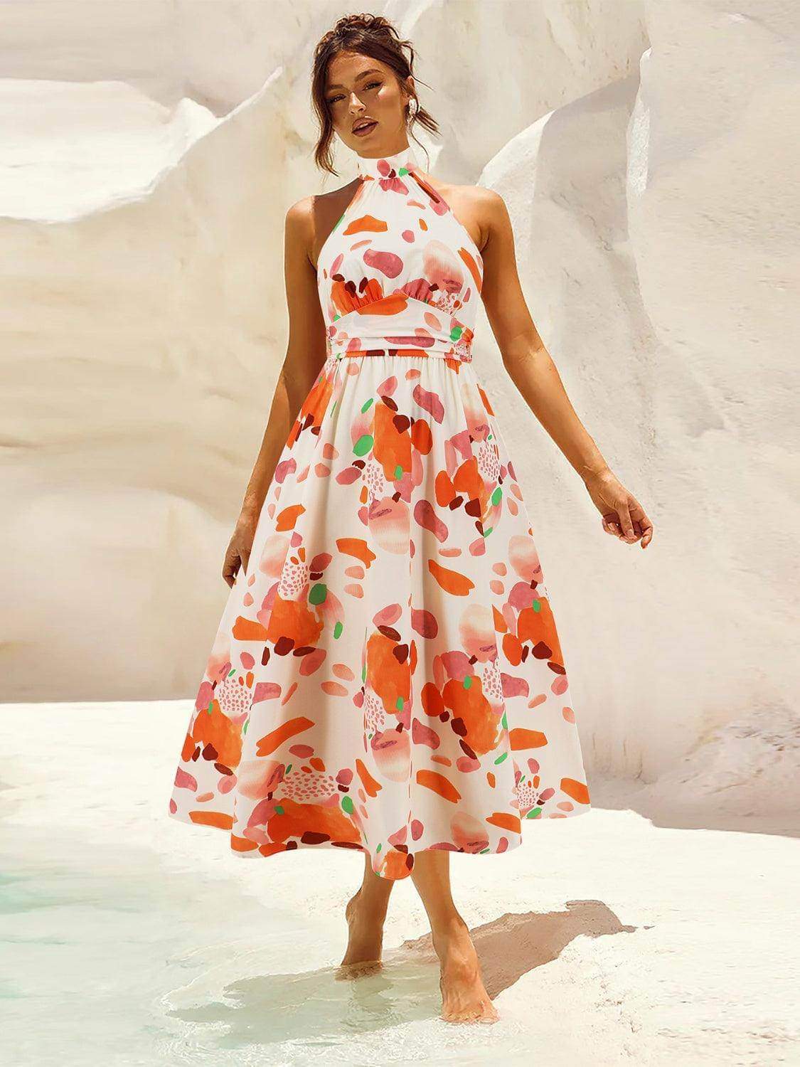 Ruched Printed Halter Neck Dress - StyleLure