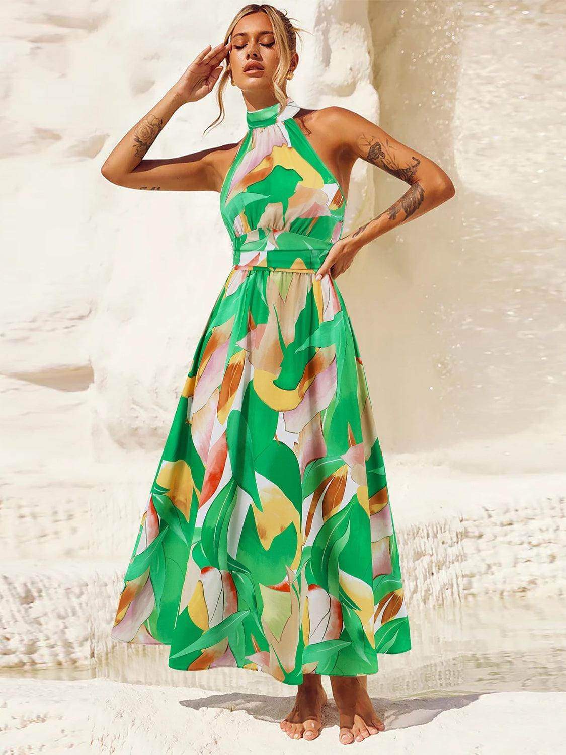 Ruched Printed Halter Neck Dress - StyleLure
