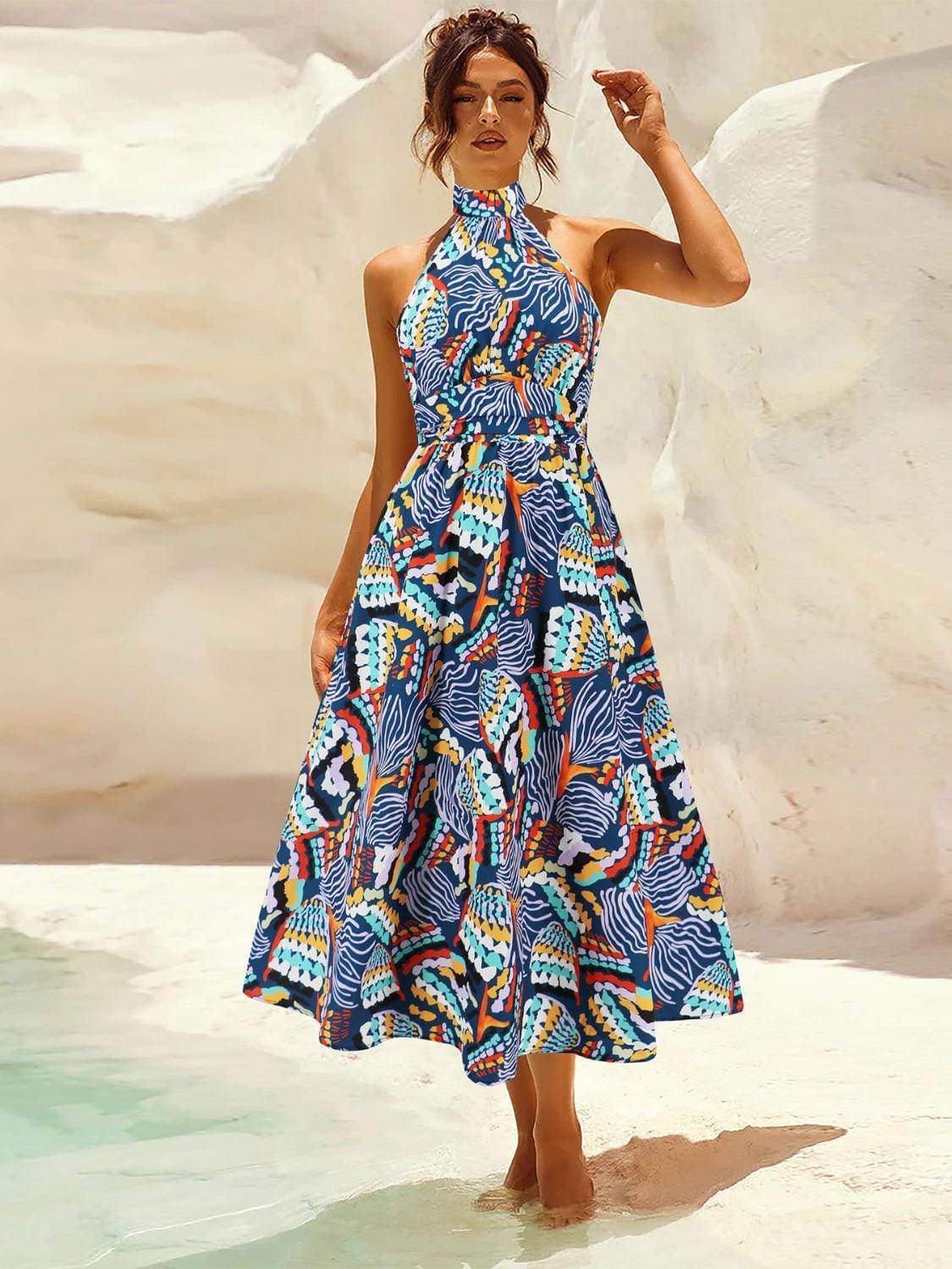 Ruched Printed Halter Neck Dress - StyleLure