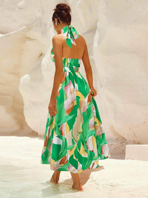 Ruched Printed Halter Neck Dress - StyleLure