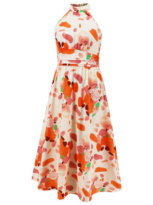 Ruched Printed Halter Neck Dress - StyleLure