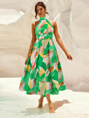 Ruched Printed Halter Neck Dress - StyleLure