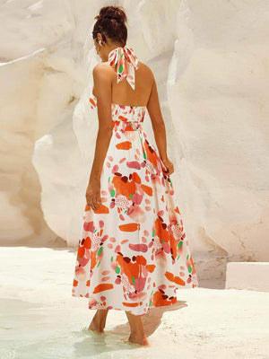Ruched Printed Halter Neck Dress - StyleLure