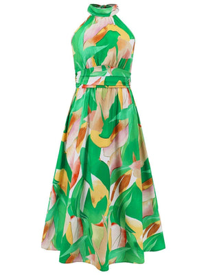 Ruched Printed Halter Neck Dress - StyleLure