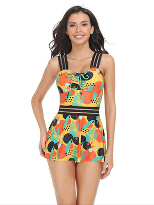 Ruched Printed Sweetheart Neck Two - Piece Swim Set - StyleLure