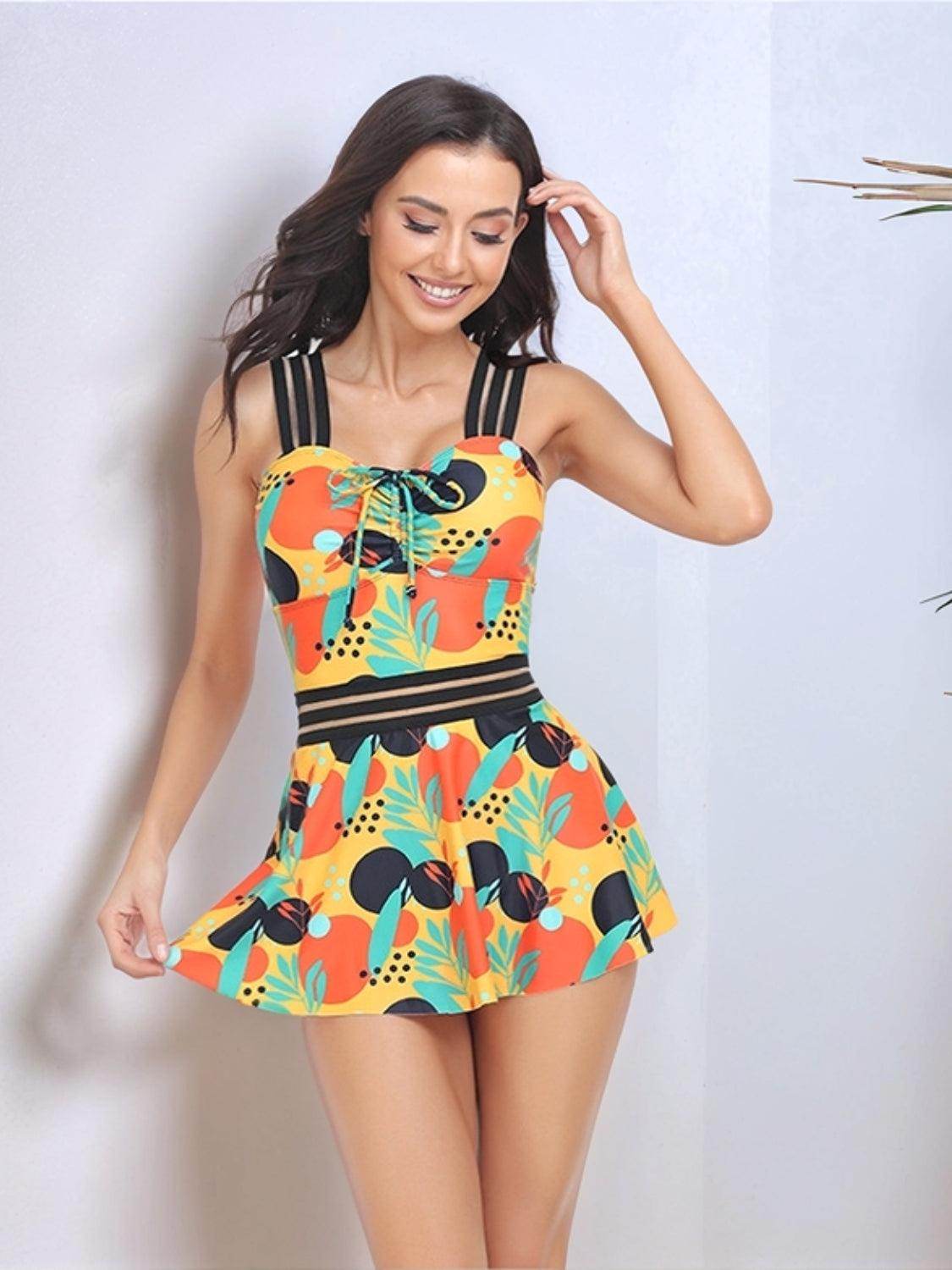 Ruched Printed Sweetheart Neck Two - Piece Swim Set - StyleLure