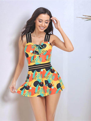 Ruched Printed Sweetheart Neck Two - Piece Swim Set - StyleLure