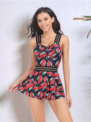 Ruched Printed Sweetheart Neck Two - Piece Swim Set - StyleLure