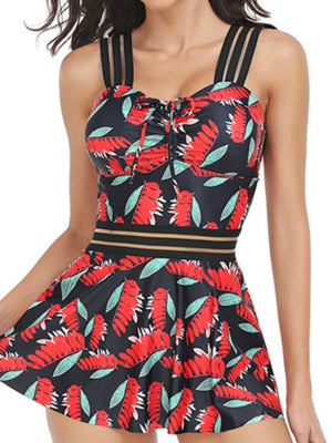 Ruched Printed Sweetheart Neck Two - Piece Swim Set - StyleLure