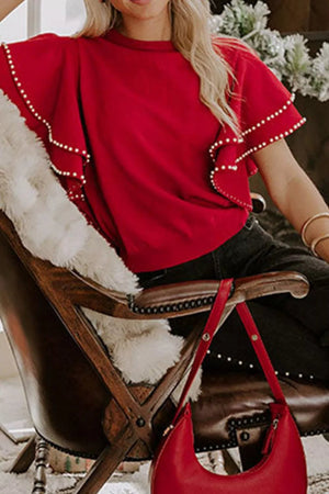 Ruffle Sleeve Pearl Embellished Knit Top - StyleLure