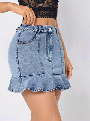 Ruffled Hem Denim Mini Skirt - StyleLure