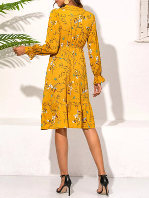 Ruffled Hem Floral Print Long Sleeve Dress - StyleLure