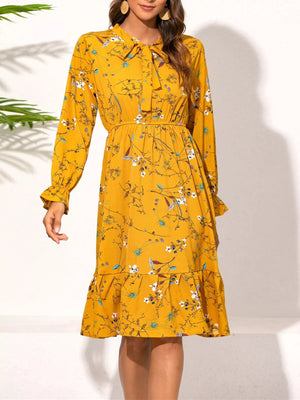 Ruffled Hem Floral Print Long Sleeve Dress - StyleLure