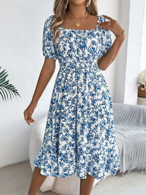 Ruffled Hem Floral Puff Sleeve Dress - StyleLure