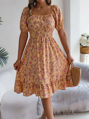 Ruffled Hem Floral Puff Sleeve Dress - StyleLure