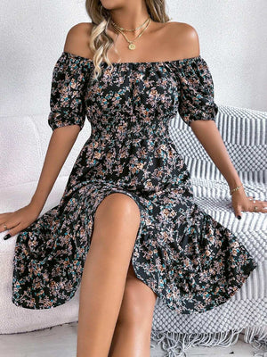 Ruffled Hem Floral Puff Sleeve Dress - StyleLure