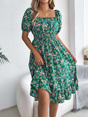 Ruffled Hem Floral Puff Sleeve Dress - StyleLure