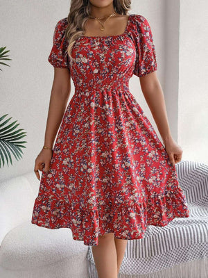 Ruffled Hem Floral Puff Sleeve Dress - StyleLure