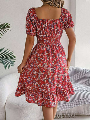 Ruffled Hem Floral Puff Sleeve Dress - StyleLure