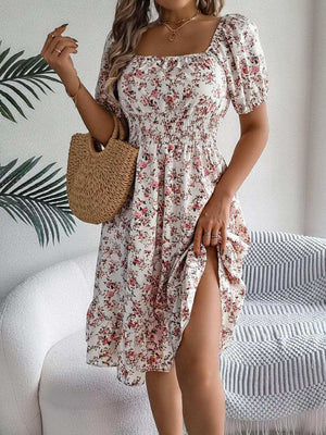 Ruffled Hem Floral Puff Sleeve Dress - StyleLure