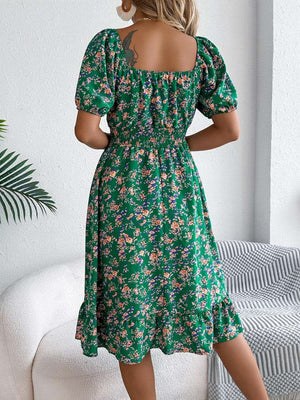 Ruffled Hem Floral Puff Sleeve Dress - StyleLure