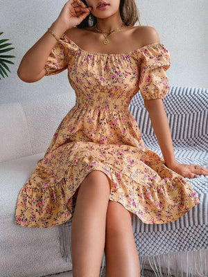 Ruffled Hem Floral Puff Sleeve Dress - StyleLure