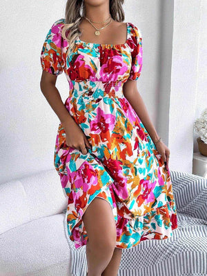 Ruffled Hem Smocked Floral Short Sleeve Midi Dress - StyleLure