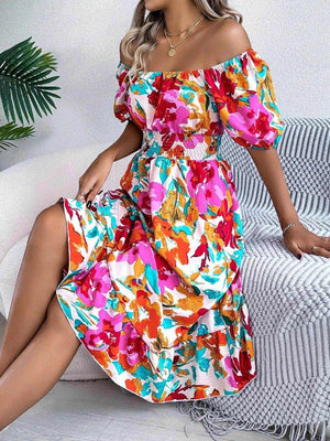 Ruffled Hem Smocked Floral Short Sleeve Midi Dress - StyleLure