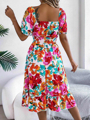 Ruffled Hem Smocked Floral Short Sleeve Midi Dress - StyleLure