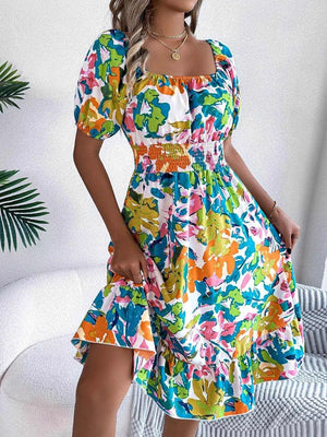 Ruffled Hem Smocked Floral Short Sleeve Midi Dress - StyleLure