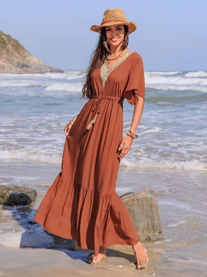Ruffled Tassel V - Neck Flutter Sleeve Dress - StyleLure