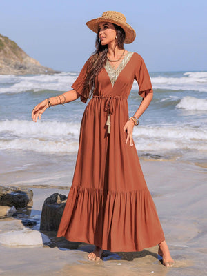 Ruffled Tassel V - Neck Flutter Sleeve Dress - StyleLure