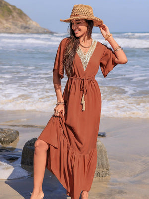Ruffled Tassel V - Neck Flutter Sleeve Dress - StyleLure