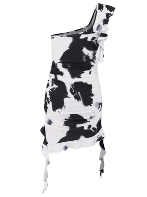 Ruffled Tie - Dye Single Shoulder Mini Dress - StyleLure