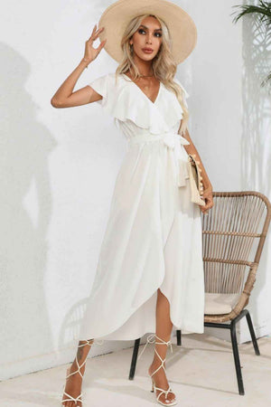 Ruffled Tied V - Neck Midi Dress - StyleLure