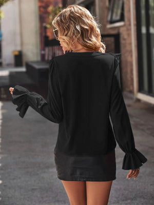 Ruffled V - Neck Flounce Sleeve Shirt - StyleLure