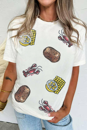 Sequin Crawfish Potato Round Neck Short Sleeve T-Shirt - StyleLure