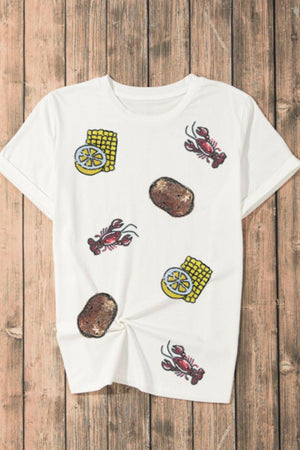 Sequin Crawfish Potato Round Neck Short Sleeve T-Shirt - StyleLure