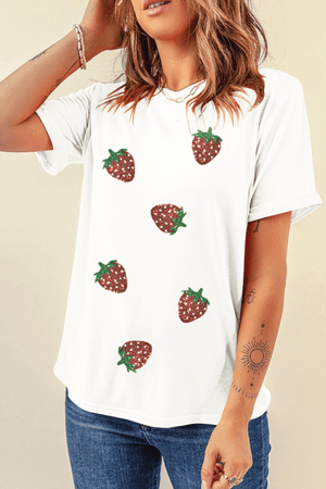 Sequin Strawberry Crew Neck Short Sleeve T Shirt - StyleLure