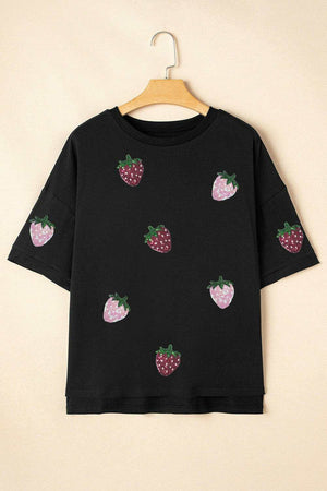 Sequin Strawberry High Low Half Sleeve Relaxed Fit T-Shirt - StyleLure