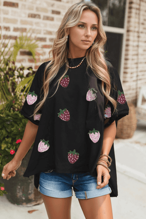 Sequin Strawberry High Low Half Sleeve Relaxed Fit T-Shirt - StyleLure