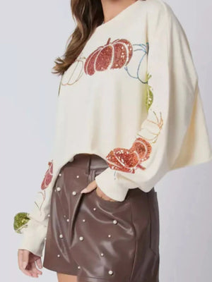 Sequined Pumpkin Halloween Crop Sweatshirt - StyleLure