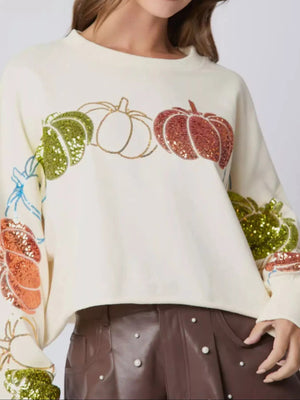 Sequined Pumpkin Halloween Crop Sweatshirt - StyleLure