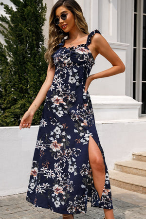 Shiny Floral Print Sleeveless Square Neck Slit Midi Dress - StyleLure