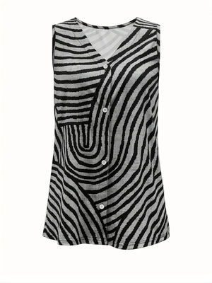 Sleeveless Zebra Print Button - Up Tank Top - StyleLure
