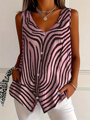 Sleeveless Zebra Print Button - Up Tank Top - StyleLure