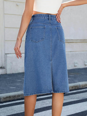 Slit Back Midi Denim Skirt - StyleLure