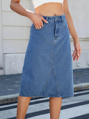 Slit Back Midi Denim Skirt - StyleLure