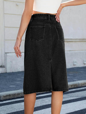 Slit Back Midi Denim Skirt - StyleLure
