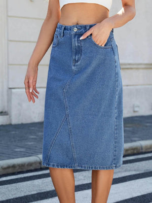 Slit Back Midi Denim Skirt - StyleLure